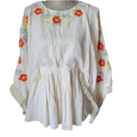 Johnny Was Ava flare sleeves tunic fringe embroidered top 100% cotton Ivory S - Picture 1 of 16